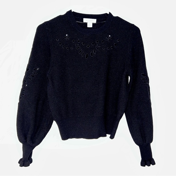 Black Ribbed Knit Sweater with Eyelet Lace Details by Calligraphie - Picture 2 of 6